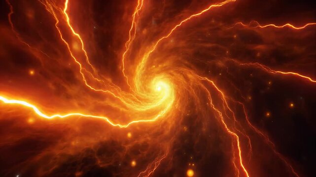 Abstract lightning vortex, dynamic swirling orange electrical energy storm with glowing particles in deep dark space, seamless motion loop animation, symbolizing cosmic power, chaos, and intensity