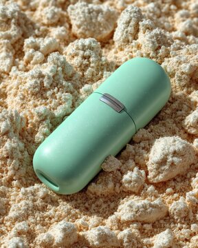 Mint green cosmetic container mockup resting on textured powder