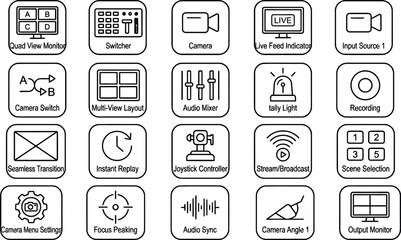 Vector line icon set of multi camera switcher live video production broadcasting quad view multi-view audio mixer tally light joystick controller stream dashboard widgets UI design templates symbols © Fahim Abrar