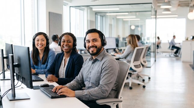 Diverse team of smiling customer service representatives working in a modern office environment with headsets