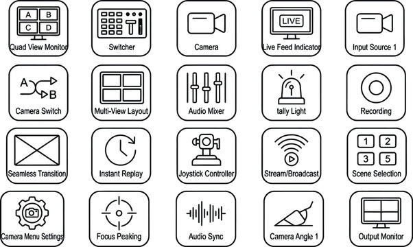 Vector line icon set of multi camera switcher live video production broadcasting quad view multi-view audio mixer tally light joystick controller stream dashboard widgets UI design templates symbols