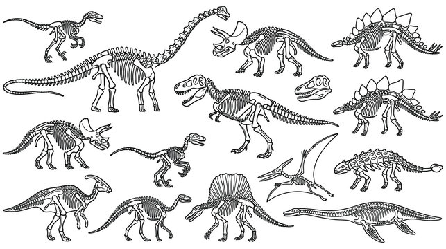 Collection of dinosaur skeletons vector illustration fossils for study.