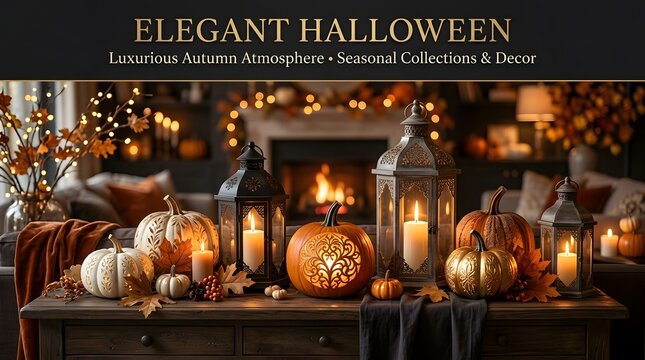 Elegant halloween home decor featuring glowing lanterns and decorative pumpkins on a rustic wooden table at night