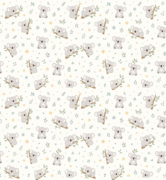 Cute Baby Koala Seamless Pattern for Baby Clothing with Eucalyptus Leaves