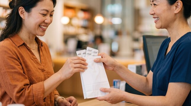 Pharmacist hands customer medication in a white paper bag at a pharmacy counter