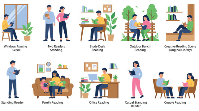 People reading books in different indoor and outdoor scenery settings.