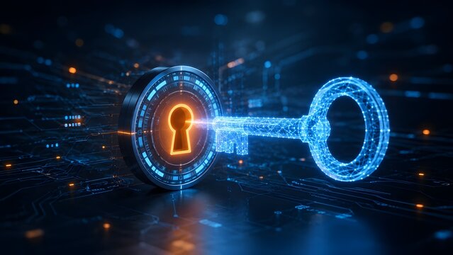 Digital encryption key inserting into high tech padlock mechanism for enterprise network security and cyber data protection