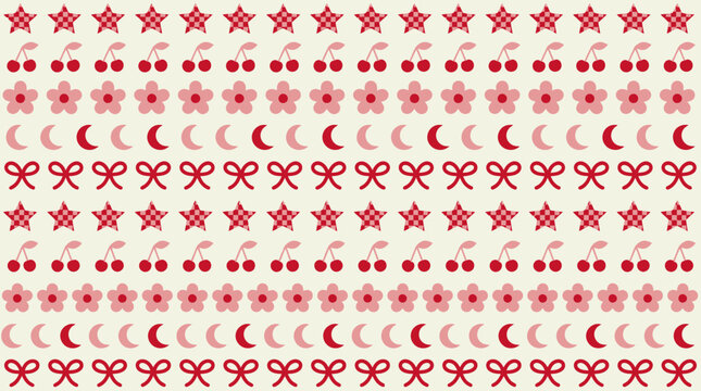 Cute Pattern: Stars, Cherries, Flowers, Moons, Bows - Pink & Red