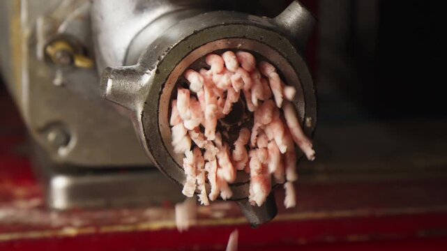 Close up of fresh ground chicken meat being extruded from a metal meat grinder