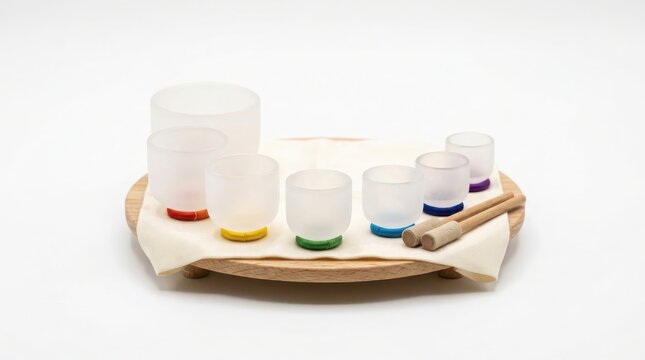Set of clear plastic graduated beakers with colored bases on wooden tray graduated measurement laboratory chemistry education container research experiment transparent scientific equipment