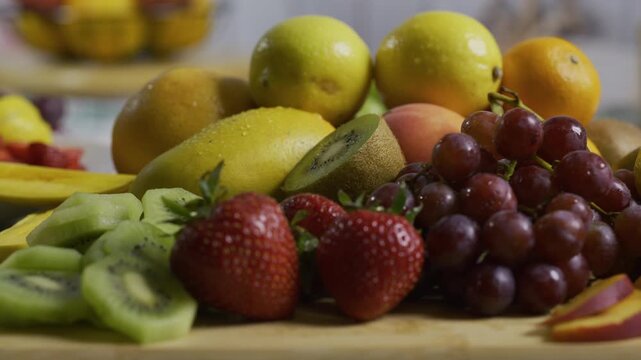 Bunch of delicious fruit on kitchen counter - closeup, tracking shot