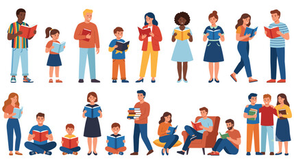 Fototapeta premium People reading books in different poses and locations.