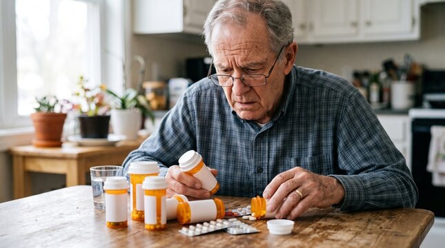Elderly man with glasses carefully examining multiple prescription medication bottles and pills on a wooden table