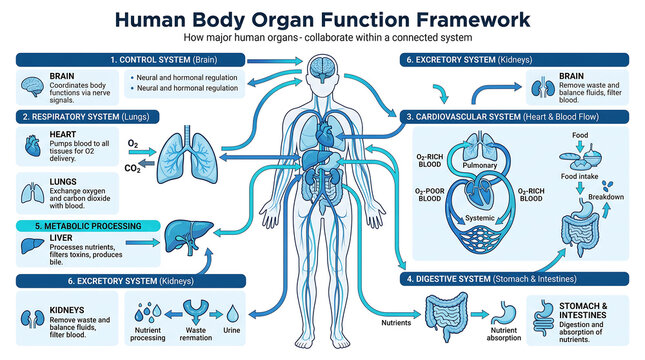 Human Body Organ Function Framework: Medical Diagram of Major Organs and Their Collaborative Systems, Educational Health Science Illustration