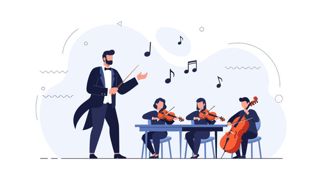 Orchestra conductor leading musicians playing violins and cello with musical notes, flat vector illustration.