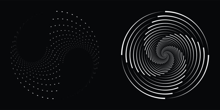 Abstract dark background with white circular spiral swirl lines and dotted halftone optical illusion elements set. Geometric vortex pattern vector illustration graphic design asset.