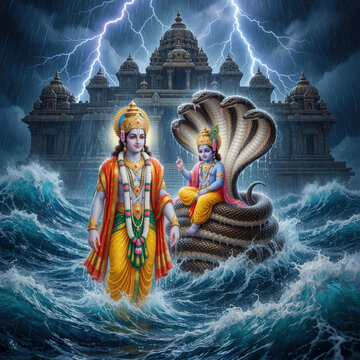 Vishnu and baby Krishna float on ocean waves during cosmic flood. Dark stormy sky with lightning strikes above ancient temple architecture. Multi-headed cobra Shesha Naga protects them.