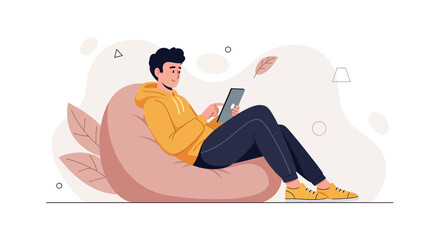 Fototapeta premium Modern flat illustration of a young man relaxing on a beanbag chair while using a tablet computer, vector art with abstract shapes and leaves