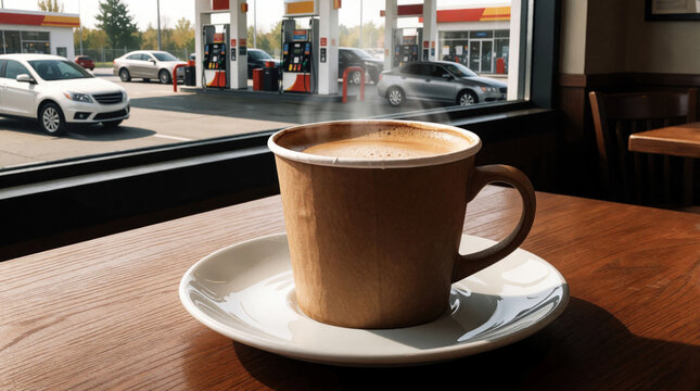 Steaming coffee cup sits on saucer at gas station cafe table. Cars refuel outside window. Enjoying warm beverage during trip. Quick roadside stop.