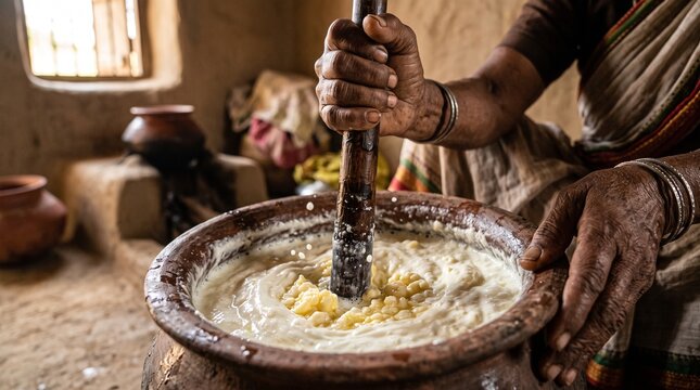 Close-up of Indian woman hand churning fresh milk and curd in a traditional clay pot using a wooden churner