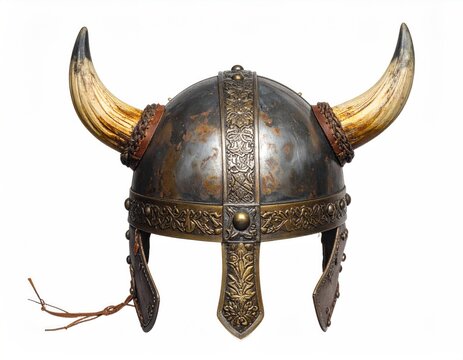 Detailed, weathered helmet with two large curved horns and ornate metal embellishments