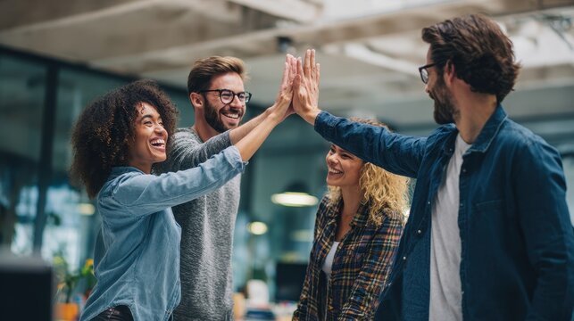 Diverse team celebrating success with high five in modern office.