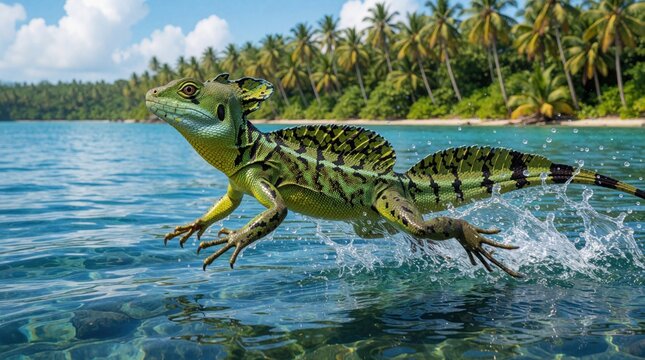 Green basilisk lizard runs fast on surface of blue tropical water. Small exotic reptile performs amazing walk across sea near sandy beach with palm trees. Aquatic creature moves rapidly above ocean