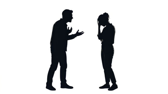 Silhouette of an angry man shouting at a sad woman who is crying and covering her face during a heated argument