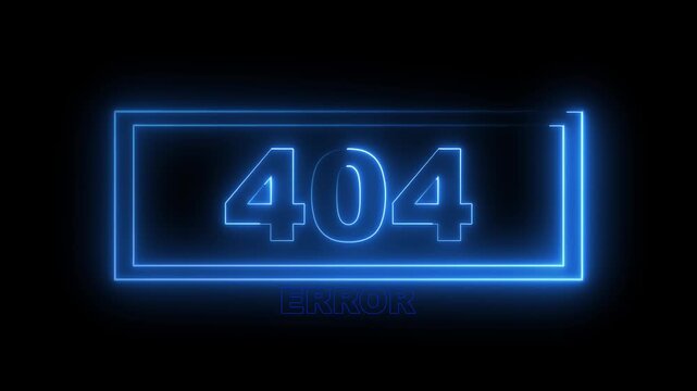 Warning message showing four zero four in a vibrant blue neon rectangular border against a deep black background to signal a missing web page or an unreachable server within a digital environment.