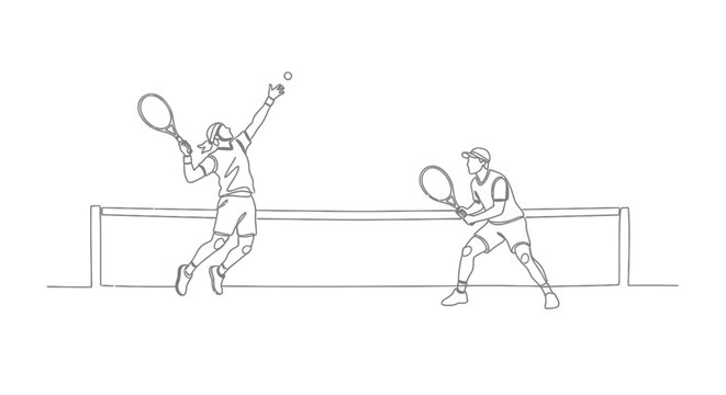 Tennis Players Serving and Returning Ball on Court, Line Art Illustration