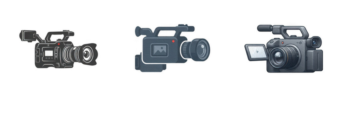 Professional Video Cameras and Digital Camcorders Vector Icons Isolated on White Background Stock PNG Clipart for Filmmaking, Broadcast, Media, Video Production, and Cinema Graphic Design Projects