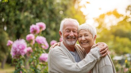 Fototapeta premium Joyful Elderly Couple Embraces Amidst Blooming Garden with Golden Hour Glow.