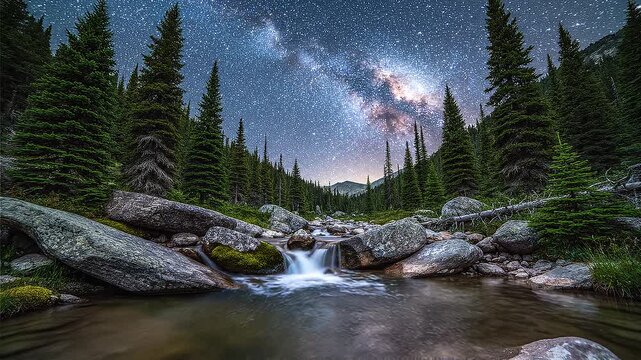 Milky Way over mountain stream. Night sky landscape with flowing river and pine forest.