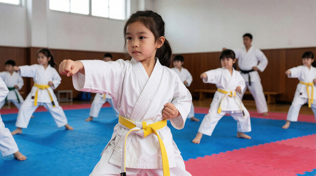 Young girls practice karate punch in white gi uniform with yellow belts. Children train martial art moves in gym class. Instructor watches kids learn discipline.