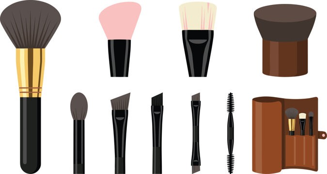 Makeup Brush Vector Icon Set Featuring Powder Blush Kabuki Foundation Angled Eyeliner Spoolie and Leather Organizer Roll Bag for Beauty Cosmetics Designs