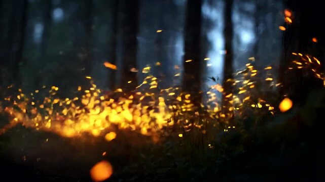 Fiery Sparks Dancing in a Dark Forest, Glowing and Ethereal.