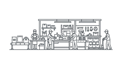 Obraz premium Factory Production Line with Workers, Conveyor Belt, Packaging, and Machinery - Thin Line Illustration