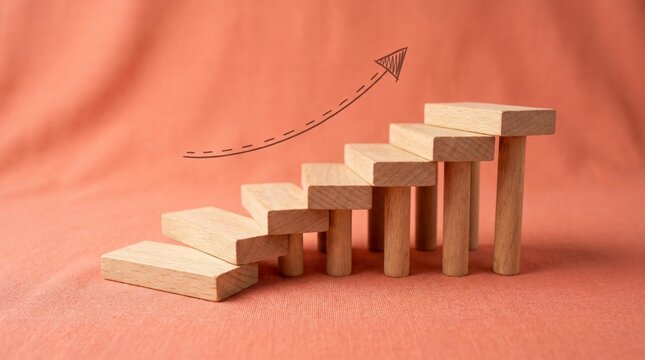 Wooden staircase blocks with rising arrow, business growth and financial success concept, career development steps on orange background