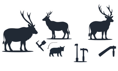 Fototapeta premium Silhouettes of deer and construction equipment with silhouettes, wildlife