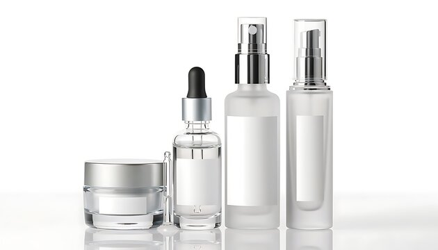 Blank cosmetic bottle mockups with dropper spray pump and jar for skincare product packaging design