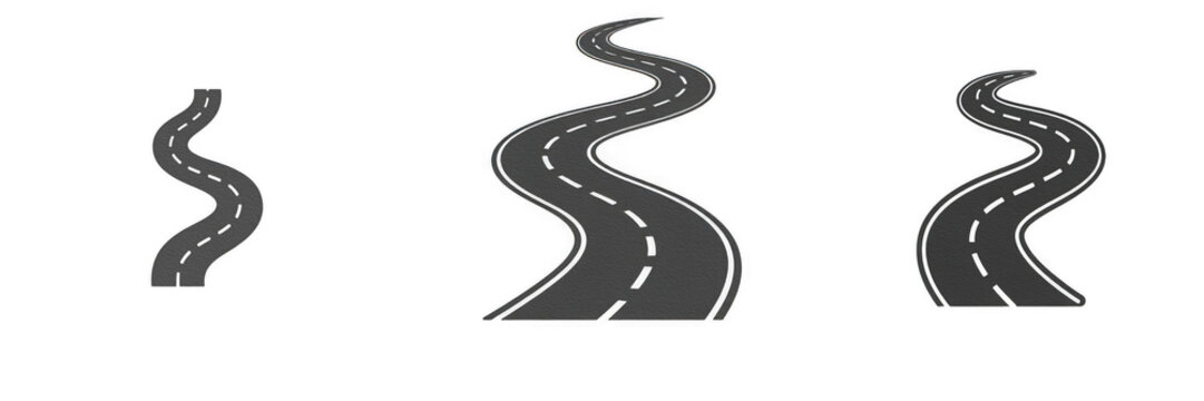 Winding Roads and Curving Highways with Dashed Lines Isolated on White Background Stock PNG Clipart for Travel, Journey, Direction, Map, and Transportation Graphic Design Projects