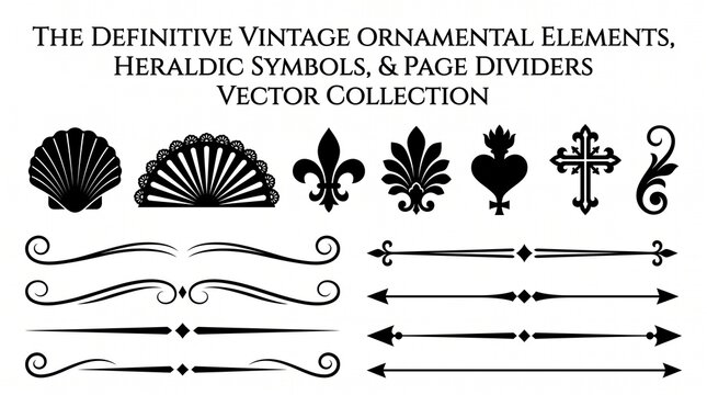 Set of vintage ornamental elements heraldic emblems and decorative page dividers in a classic vector collection