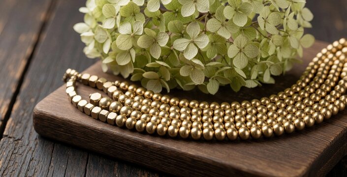 Golden hematite beads in round and hexagonal shapes arranged on a wooden board with dried hydrangeas. Jewelry making supplies for crafting necklaces and bracelets. A beautiful natural stone accessory.