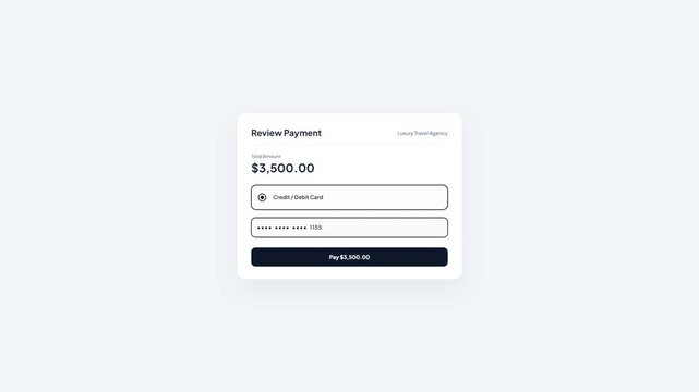 Online Checkout Interface for Travel Booking showing Credit Card Form Input and Successful Secure Escrow Payment Authorized Animation, UI Design
