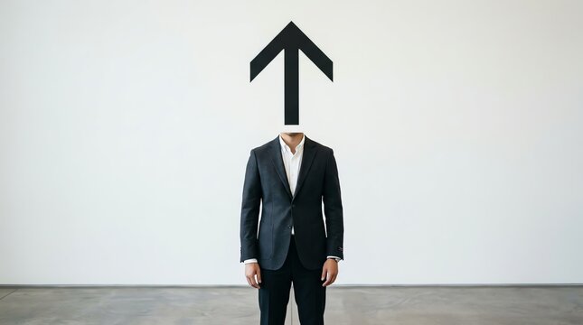 Businessman in suit with arrow head representing growth success and upward trajectory in corporate career development