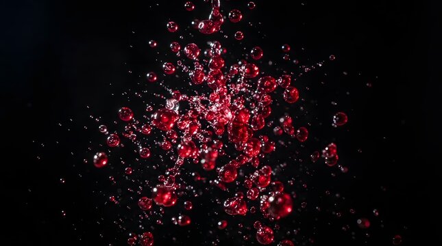 Vibrant Ruby Red Pomegranate Juice Droplets in Mid-Air
