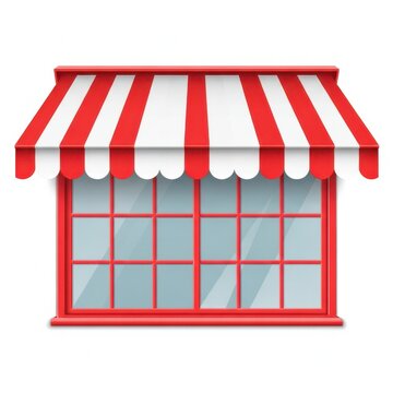 Red striped awning over storefront window display