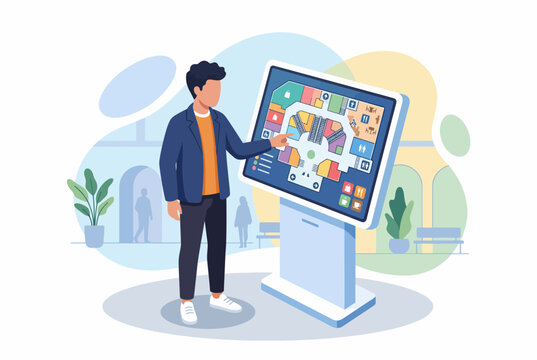 Man using interactive digital navigation kiosk in shopping mall