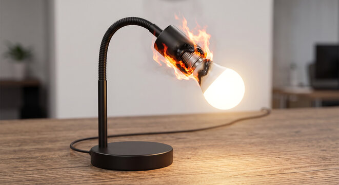 Modern desk lamp bulb overheating and catching fire on wooden table surface space.