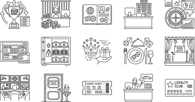 Casino and Entertainment Business Line Icons Collection for Hospitality and Gaming Services